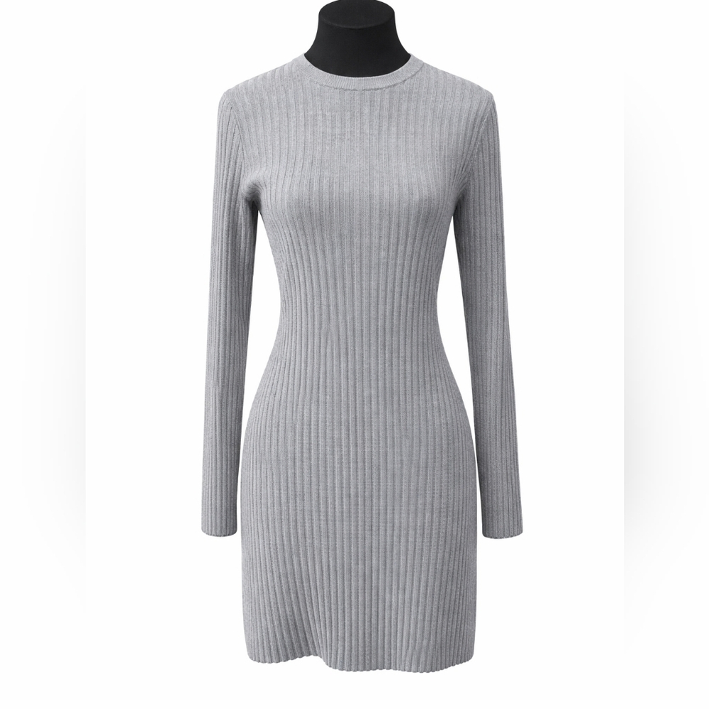 Theory Gray Ribbed Matte Viscose Long Sleeve Sweater Dress Size M Midi Office